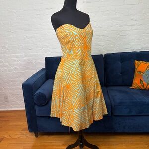 D’iyanu Strapless Orange and Blue Printed Fit-and-Flare Dress